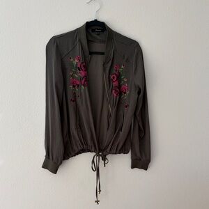 Forever 21 Olive Bomber Jacket with Pink Floral Embroidery